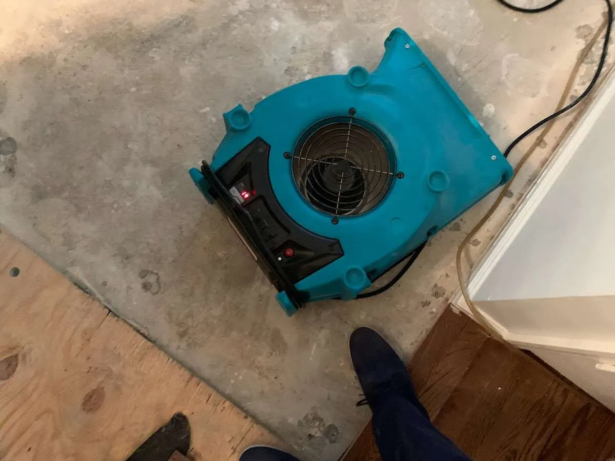 Air mover drying subfloor during Commercial Water Damage Restoration in Deer Park